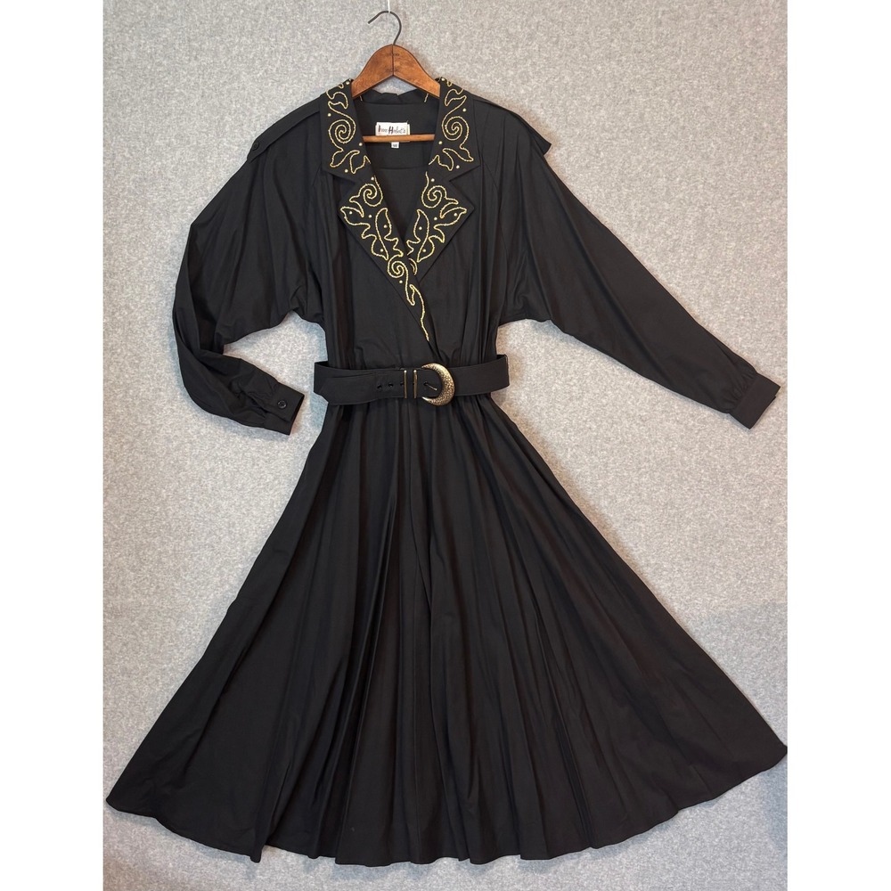 Vintage 80s J. Arthur Women's 14 Black A-Line Floor Length Dress Gold‎ Glam Rock
